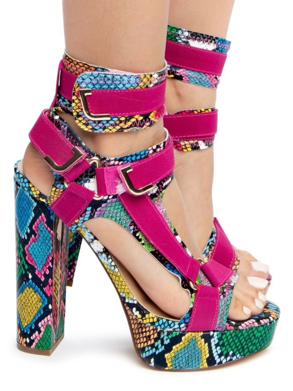 Women's Fuchsia Multicolor Snake-Print Platform Sandals 9 W